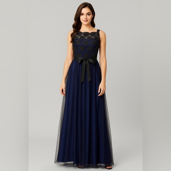 Aidan Mattox Blue Black Lace Tulle Sleeveless Evening Gown Maxi Dress Size 6 - Picture 3 of 13